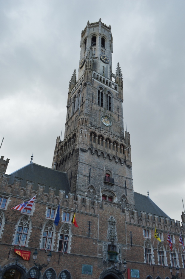 Tower in Bruges at a cloudy part of the day