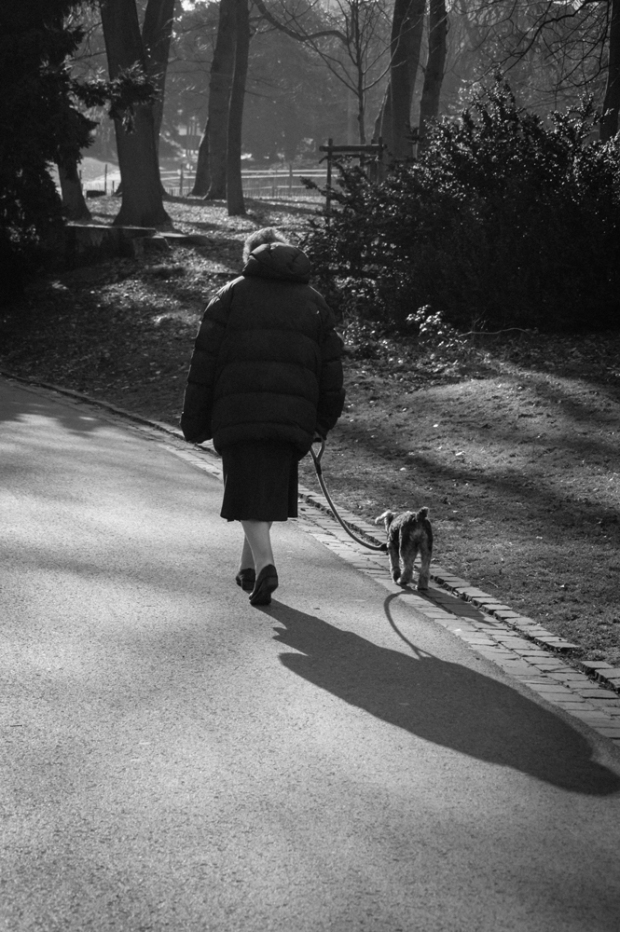 Lady-walking-her-dog---B&W